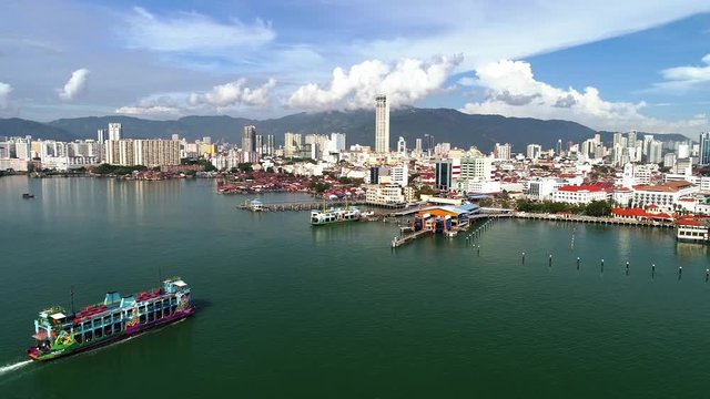 4k Aerial view Penang ferry operates between Georgetown on the Island of Penang and Butterworth on the Malay Peninsula