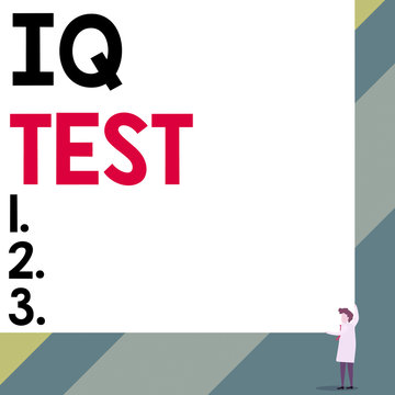 Handwriting text Iq Test. Conceptual photo attempt to measure your cognitive ability huanalysis intelligence Front view young woman holding two hands right corner big blank rectangle