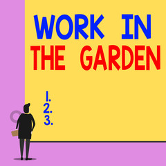 Text sign showing Work In The Garden. Business photo showcasing Tending the Lawn Yard Plant Seedlings and Crops Back view young woman watching blank big rectangle. Geometrical background