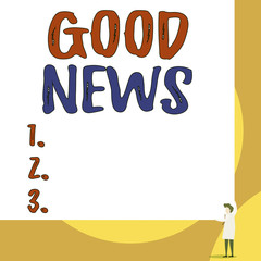 Conceptual hand writing showing Good News. Concept meaning Someone or something positive Encouraging uplifting or desirable Young woman holding two hands right corner big rectangle