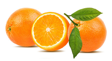 Fresh oranges with leaves isolated on white background with clipping path