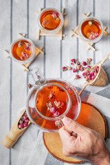 tea made from tea rose petals in a glass bowl on table