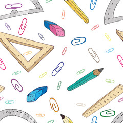 School office seamless pattern. Vector illustration set of drawing instruments seamless pattern. Background from school supplies.