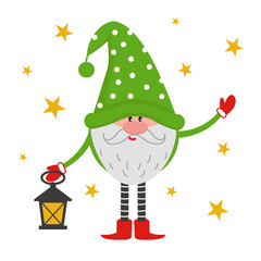 A little gnome with a beard holds a lantern. The dwarf in the cap meets and waves. Cute funny Christmas character.