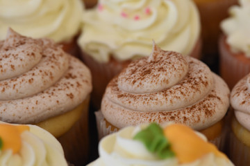 Assorted Cupcakes with frosting and decorations on display at bakery