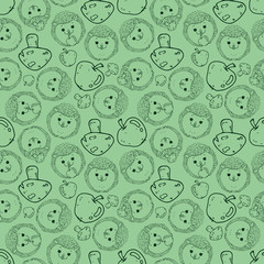 Hedgehogs seamless pattern. Vector illustration of children's background made of hedgehogs and apples seamless pattern. Background from cartoon hedgehogs and mushrooms children's seamless pattern.