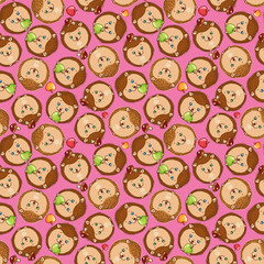 Hedgehogs seamless pattern. Vector illustration of children's background made of hedgehogs and apples seamless pattern. Background from cartoon hedgehogs and mushrooms children's seamless pattern.