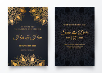 Elegant wedding invitation with golden mandala element