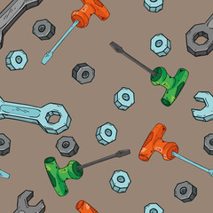 Tools seamless pattern. Vector illustration set of wrenches, bolts, screwdriver seamless pattern. Background from the tools a screwdriver, bolts, wrench.