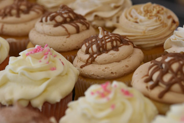 Assorted Cupcakes with frosting and decorations on display at bakery