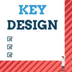 Obraz premium Handwriting text Key Design. Conceptual photo a necessary or very important realization of a concept or idea One man professor wear white coat red tie hold big board use two hands