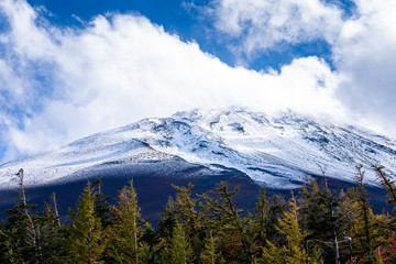 Close up top of Fuji mountain with snow cover and wind on the top with could in Japan.