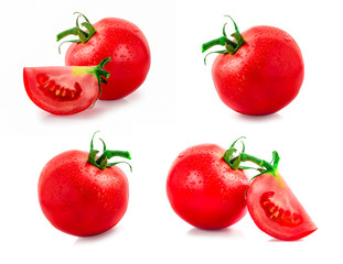 Tomatoes isolated on white. Tomato with drops. isolate on white