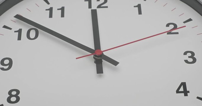 Truck shot of time-lapse gray clock with black arrows shows motion the time speed up from 10.00 and slow down to 12.00 , How time flies concept.