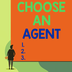 Writing note showing Choose An Agent. Business concept for Choose someone who chooses decisions on behalf of you Back view young woman watching blank big rectangle