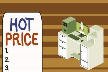 Text sign showing Hot Price. Business photo text Buyer or seller can obtain something for a product sold or buy Working desktop station drawers personal computer launching rocket clouds