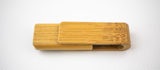 Wood USB memory for data storage, on white background
