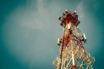 Telecommunication tower Antenna at sunset sky /Technology on the top of the telecommunication GSM (5G,4G,3G) tower 