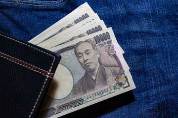 Japanese money, Japan Banknote, yen on Jean Background.