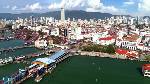 4k Aerial view Penang ferry operates between Georgetown on the Island of Penang and Butterworth on the Malay Peninsula