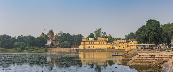 Naklejka premium Panorama of the Shivasagar lake in Khajuraho, India