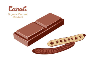 Carob bar slice isolated on white background. Natural organic candy, dessert. Vegan snack. Vector illustration of diet healthy food in cartoon simple flat style.