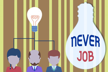 Handwriting text Never Job. Conceptual photo Choosing a job that you enjoy and enhance will your abilities Group three executive persons sharing idea icon. Startup team meeting