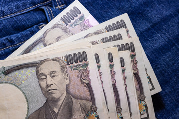 Japanese money, Japan Banknote, yen on Jean Background.