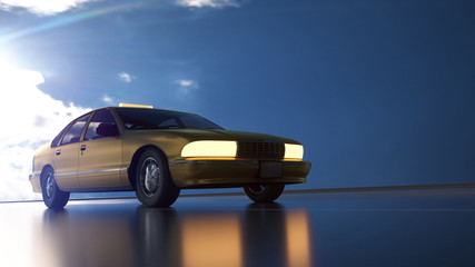 Yellow taxi rides on the road, highway. 3D rendering
