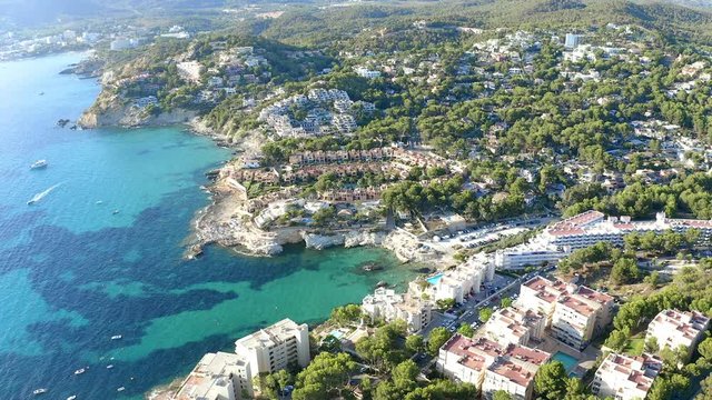 Aerial view, flight  over Costa de la Calma and Santa Ponca with hotels and beaches, Costa de la Calma, Caliva region, Mallorca, Balearic Islands, Spain
