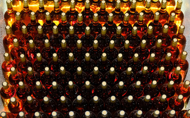 Wine bottles in the cellar. Glass wine bottles. The storage of wine.