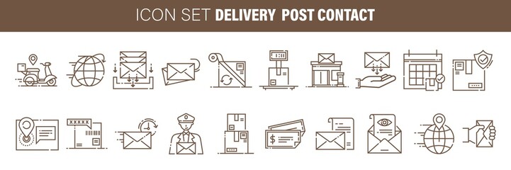 post icons set. Collection of post with letter, email, box, unboxing, mail, stamp, mail truck, contact, exhibition, mailing.