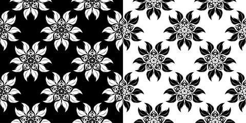 Floral seamless patterns. Black and white backgrounds compilation