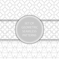 Compilation of geometric seamless patterns. Gray and white mixed shapes backgrounds