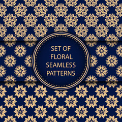 Golden blue floral seamless backgrounds. Compilation of patterns