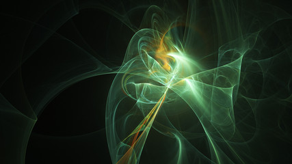 Abstract green and golden glowing shapes. Fantasy light background. Digital fractal art. 3d rendering.