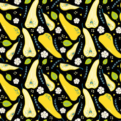 Naklejka premium Pattern with sweet yellow pears with leaves, flowers, branches. Organic healthy fruits on black background. Cartoon illustration. Perfect for wrap paper, wallpaper, background, fabric print.