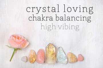 crystal loving, chakra balancing, high vibing. set gemstones crystal minerals for relaxation, meditation and rose flower. Magic Rock for Crystal Ritual, Witchcraft, Relaxing Chakra, aura readings. 