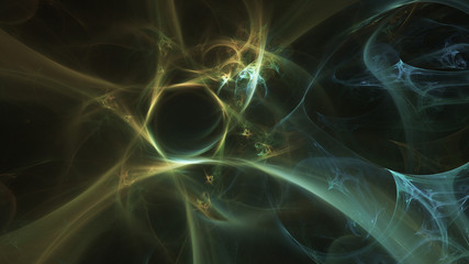 Abstract glowing and gold green shapes. Fantasy light background. Digital fractal art. 3d rendering.
