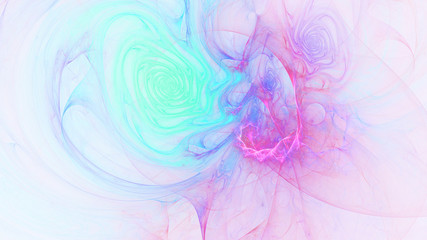 Abstract transparent turquoise and pink crystal shapes. Fantasy light background. Digital fractal art. 3d rendering.