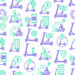 Electric scooter seamless pattern with thin line icons: sharing service, mobile app, QR code, parking, helmet, eco transport, pointer. Modern vector illustration.