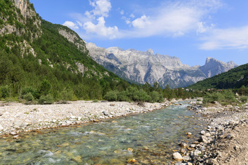 Valley of Theth with a river in the dinaric alps in Albania