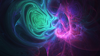 Abstract transparent turquoise and pink crystal shapes. Fantasy light background. Digital fractal art. 3d rendering.