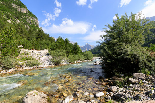 Valley of Theth with a river in the dinaric alps in Albania