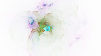 Abstract transparent green and violet crystal shapes. Fantasy light background. Digital fractal art. 3d rendering.