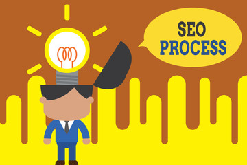 Word writing text Seo Process. Business photo showcasing steps of increasing the quality and quantity of website traffic Standing successful man suit necktie surging brilliant innovative solutions