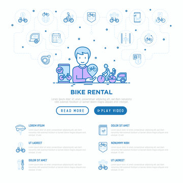 Bike rental mobile app. Web page template with thin line icons: rates, bicycle tours, pet trailer, padlock, helmet, child seat, sharing, pointer, deposit, mobile app. Modern vector illustration.