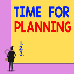 Text sign showing Time For Planning. Business photo showcasing Setting up for things to do Priority List Preparation Back view young woman watching blank big rectangle. Geometrical background