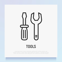 Tools thin line icon: screwdriver and wrench. Logo for mechanic or repairman. Modern vector illustration.