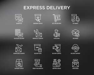 Express delivery thin line icons set: parcel, truck, out for delivery, searchong of shipment, courier, sorting center, dispatch, registered, delivered. Modern vector illustration.